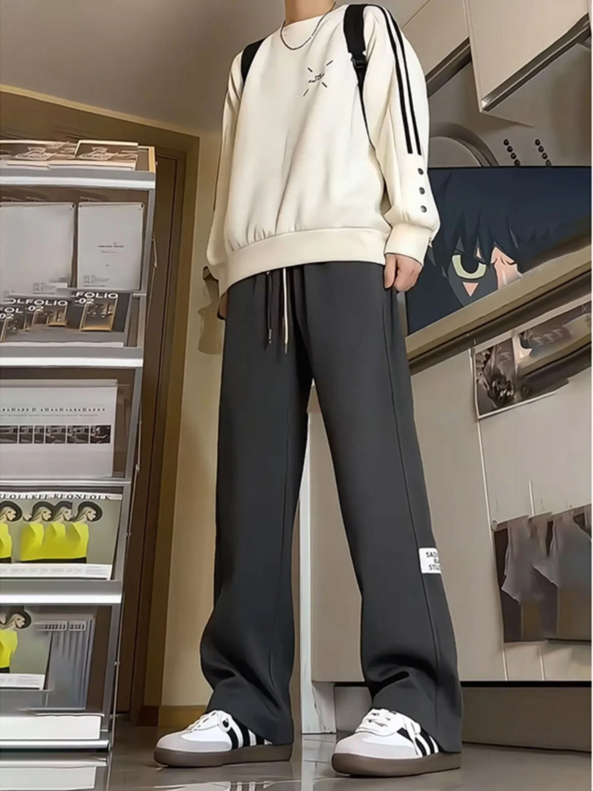 

Deep ey Fce Lined Men's Sweatpants Straight Leg Loose Fit Spor Casual Long Trousers American Sle Winter Hiphop