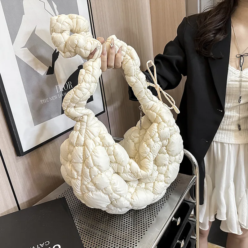 

Elegant Cloud Bags For Women Cotton Blend Shoulder Crossbody Bags Large Capacity Pleated Drawstring Bubble Underarm Handbags