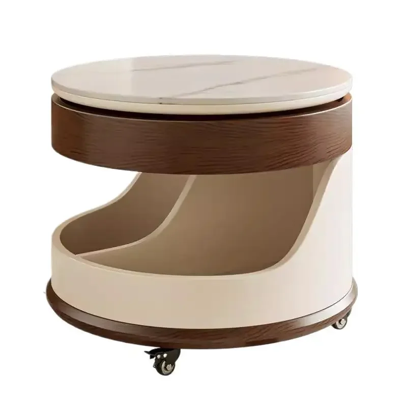Rock slab round coffee table movable lift sofa side trolley living room small apartment rotatable storage