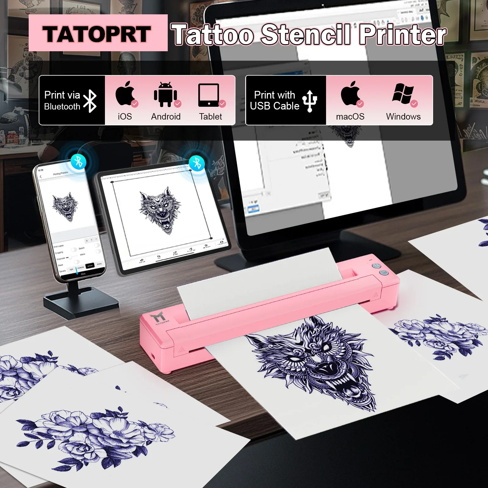 

Tattoo Stencil Printer Bluetooth Thermal Tattoo Printer with Transfer Paper for Tattoo Artists Beginners Support Smartphone PC