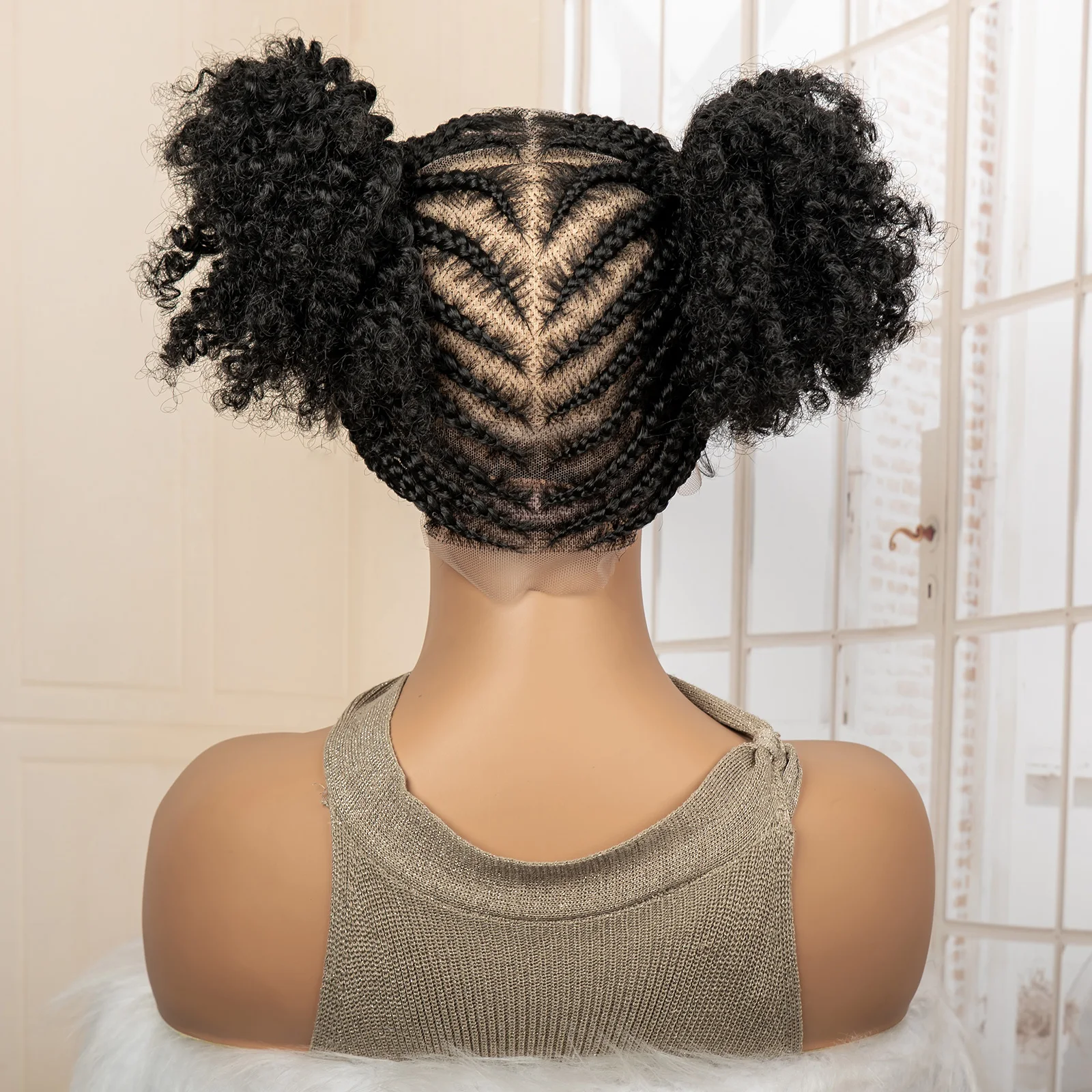 Perruque tressée synthétique avec petits pains, tresses Cornrow entièrement en dentelle pour femmes noires, perruques tressées frontales en dentelle transparente de 6 pouces