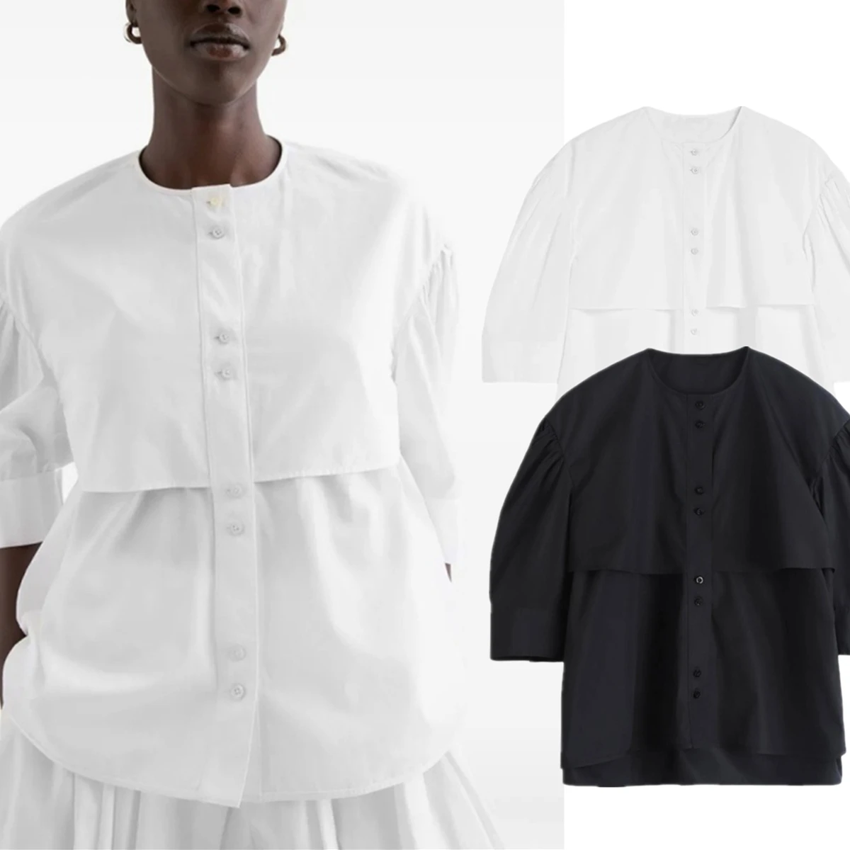 

Maxdutti French Minimalist Women's Shirt Woman Clothing Cotton Lazy Loose Round Neck Mid Sleeved Shirt Women's Blouses And Shirt