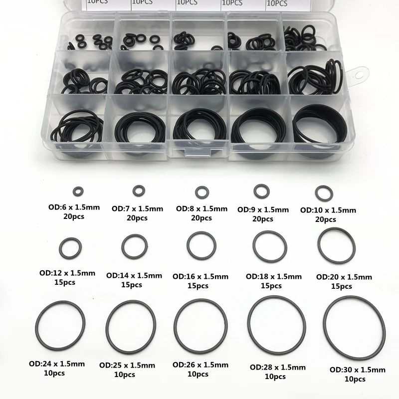 Black Nitrile O-ring Thickness CS1.5mmOuter Diameter 6-30mm Rubber Oil Resistant Gasket 225PCS