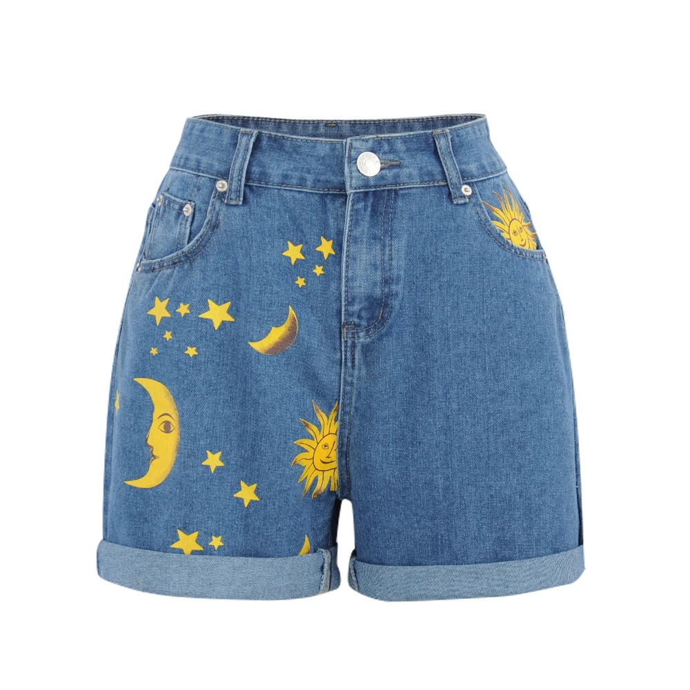 Fashion Moon Sun Print Loose Fit Denim Shorts For Female 2024 Summer New Hemming Blue Boyfriend Style Women's Short Pants