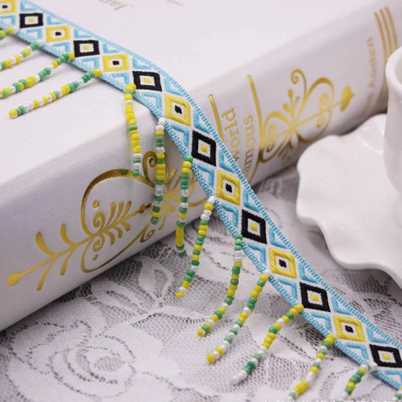 1 Yard Ethnisches Seidenquastenband, besticktes Spitzenband, Quasten für Schmuck, DIY, Boho, handgefertigt, zum Nähen, Kleidung, Spitzenbesatz – Detail 2