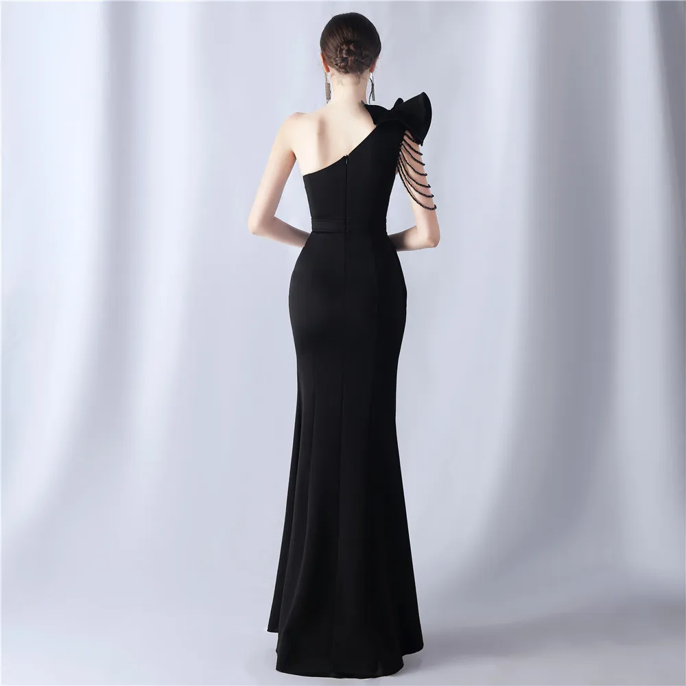 Elegant Black Long Evening Dress Flower Beading One Shoulder Long Formal Dress Fit Women Self-Wedding Party Ball Gown New Korean