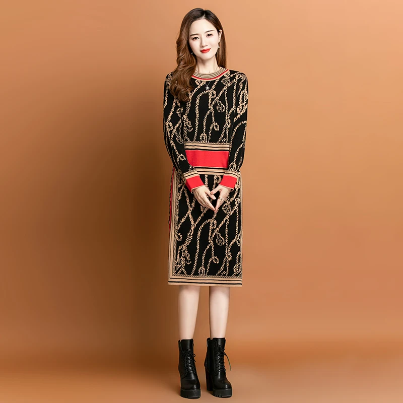 2024 Black Patchwork Plaid Knitted Cotton Midi Dress Women Korean Vintage Sweater Dress Autumn Winter Thick Warm Party Vestidos