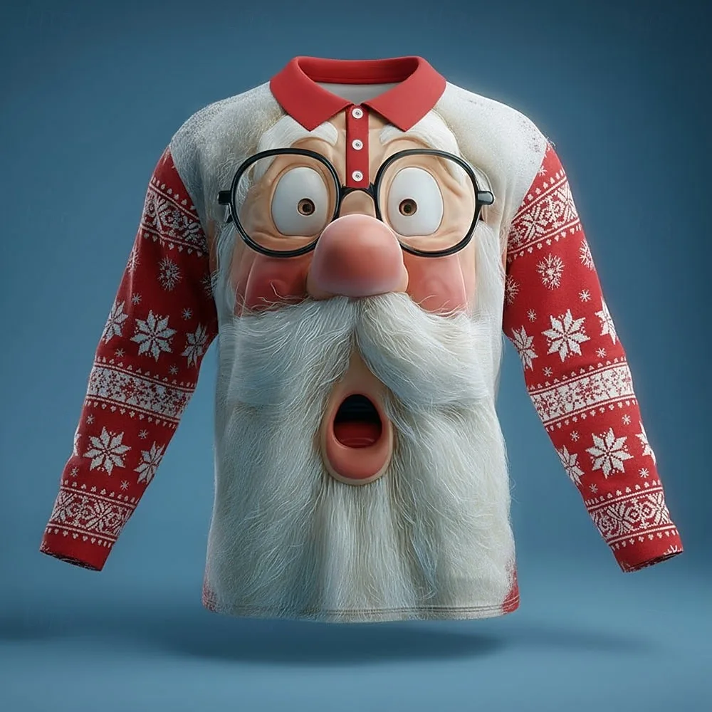 

Men's Santa Claus Long Sleeve Polo Shirts Lapel Casual Outdoor Athleisure Daily Wear 3D Print Buttons Spring Fall Men's Clothes