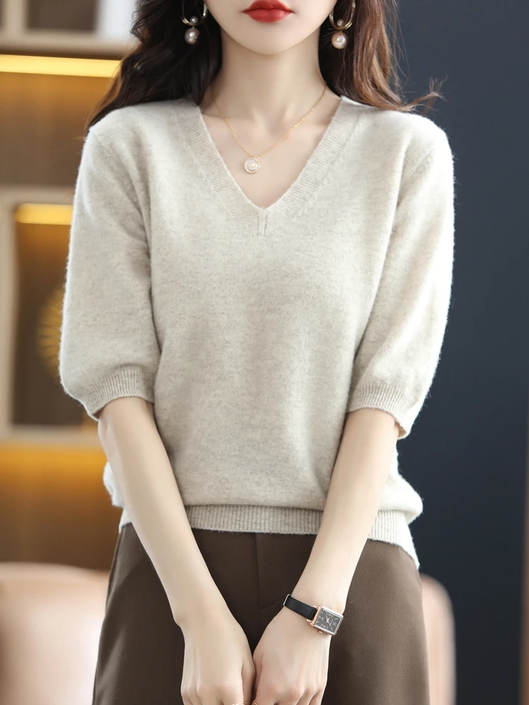 Spring Summer Women 100% Merino Wool Sweater Cashmere Short-Sleeve Tops V-Neck Knitwear Loose Pullovers Half Sleeve T-shirt