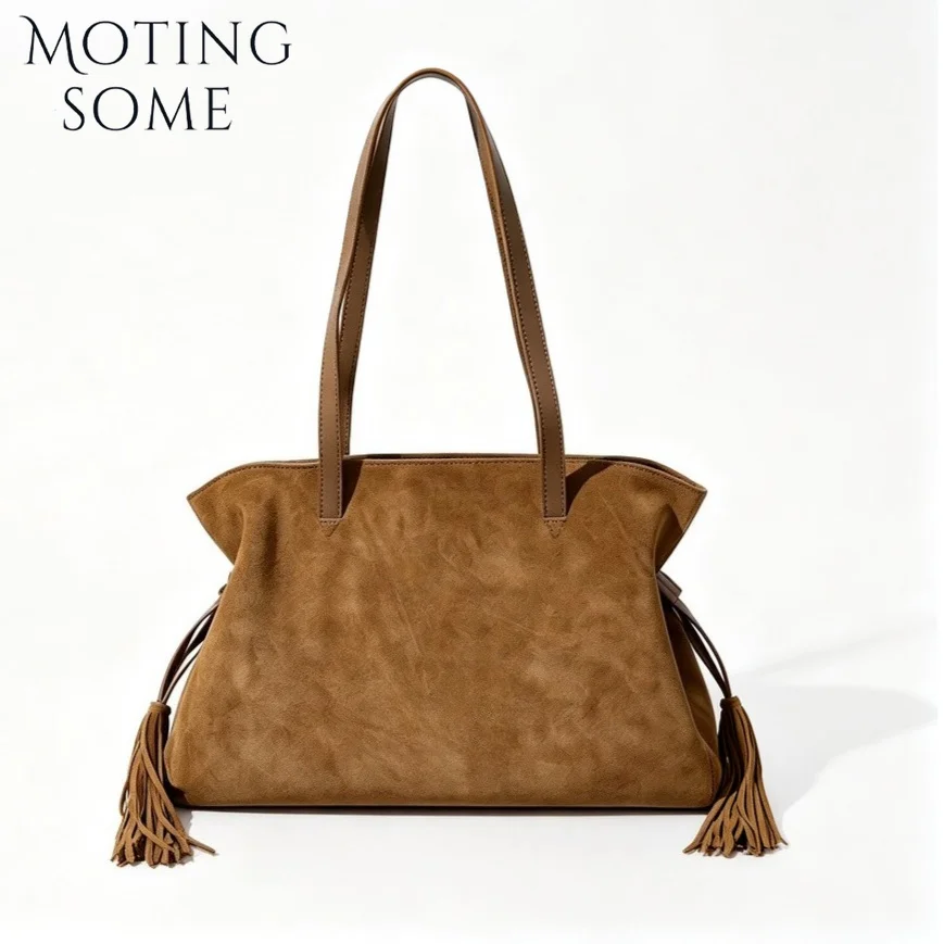 Bolso Tote Extra Grande de Cuero Genuino de Ante MOTINGSONE, Bolso de Hombro Vintage Color Camel con Borlas Grandes y Cierre Magnético para Mujer, Ideal para Uso Diario en Invierno