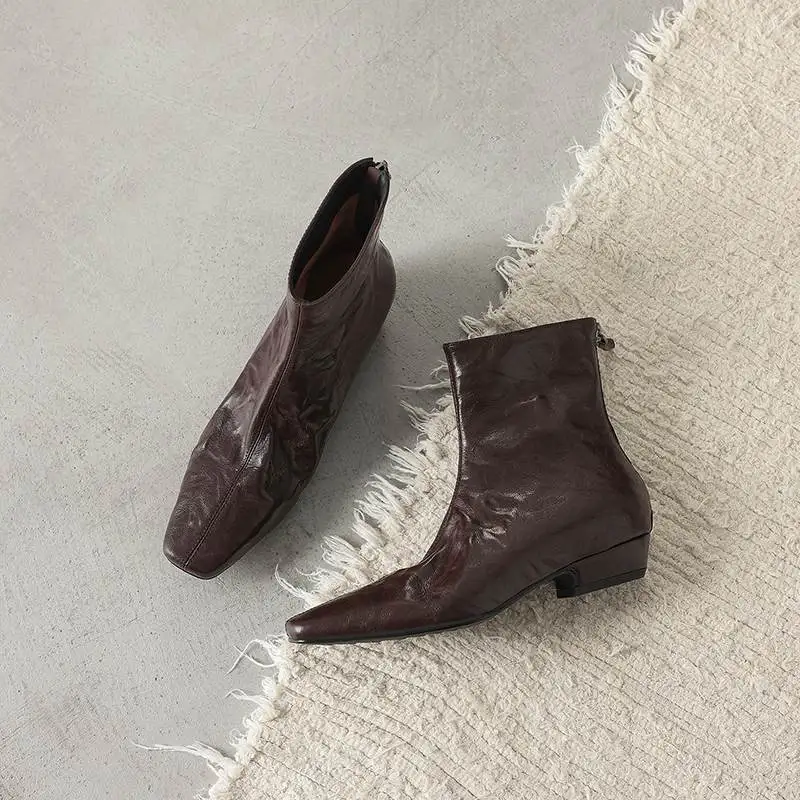 2026 Sheepskin Low Heels Modern Fashion Boots Keep Warm Winter Autumn Shoes Dating Zipper Brand Women Pleated Style Ankle Boots