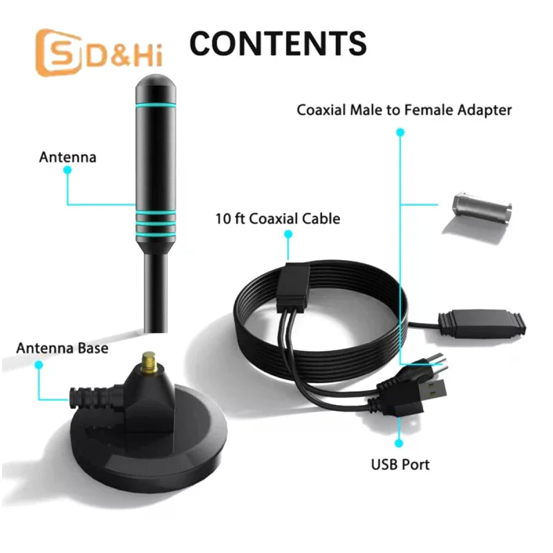 1PCS ABS/metal  Digital TV Antenna With Signal Amplifier 480+ Miles Indoor Outdoor Antenna Magnetic Base VHF UHF Digital Aerial