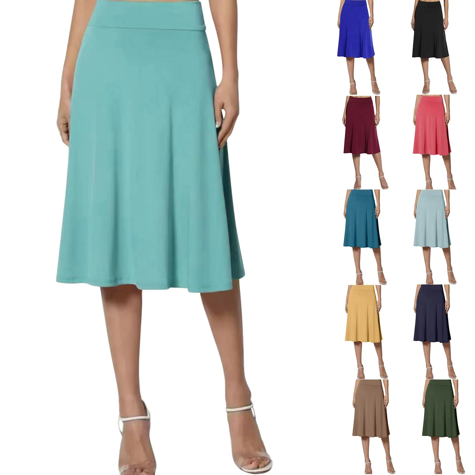 

2024 New Elegant Green Skirt High Waist Solid Color Summer Spring Swing 50s Vintage Retro Rockabilly Midi A-line Skirts Faldas