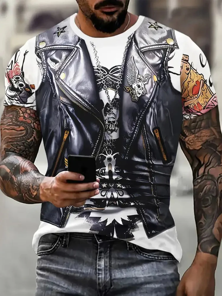 

2025 New Motorcycle Graphic T-shirt Fashion Men's Vintage 3D Print Short Sleeve Crew Neck Tee Top Oversized Street Trend T Shirt