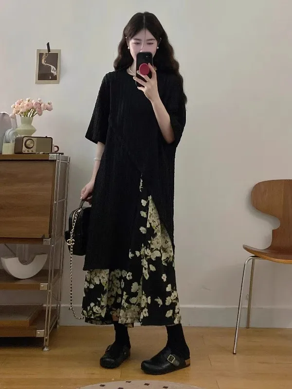 

Летний наряд больших размеров, юбка с цветочным принтом f, футболка с разрезом, комплект из двух предметов, женская одежда, эффект похудения для скрытого мяса