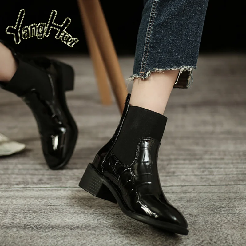 Thick Heel  Chelsea Boots Women Pu Splicing Stretch Fabric Non-slip British Style Modern Shoes 2023 New Spring Autumn