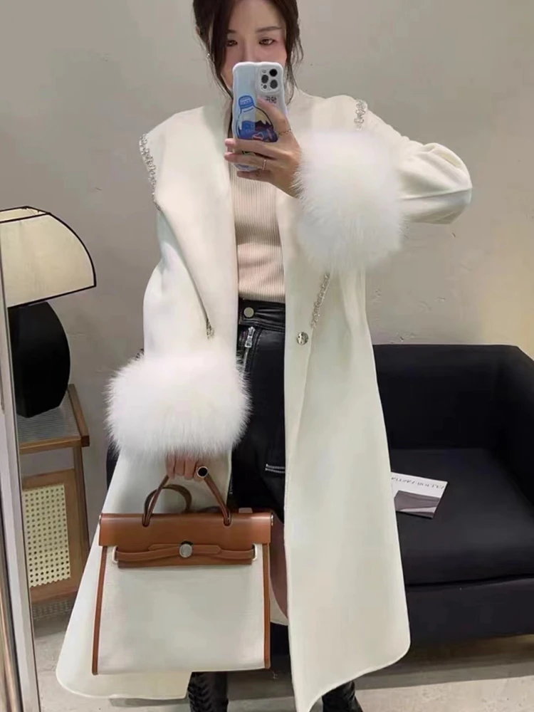 2023 New Arrival Cashmere Women Winter Long Coat With Real Fox Fur Cuffs Fashion Model High Quality Jacket