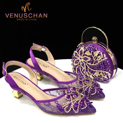 Venus Chan 2024 Latest Shoe and Bag Set Lace Mesh Design Africa Women's Mid-heel Rhinestone Mini Bag for Nigeria Party Wedding