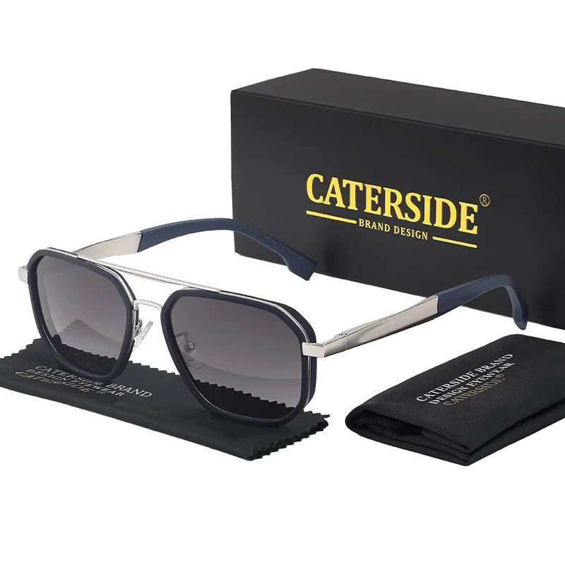 CATERSIDE Retro Polygonale Polarisierte Sonnenbrille für Herren, Punk-Metallrahmen, Flacher Oberteil, Doppelbrücke, Sonnenbrille zum Fahren und Angeln – Detail 7