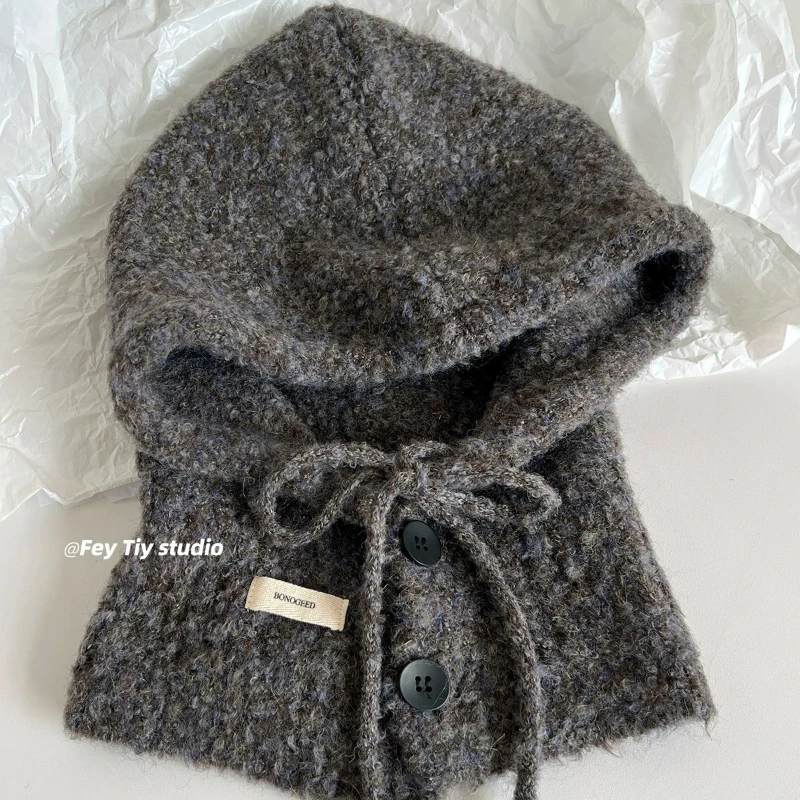 2026 Neue Wollmischung Balaclava-Mütze für Damen, Winter-Ohrenschutz, Warmer Strickschal, Integrierter Pullover, Bombermütze – Detail 6