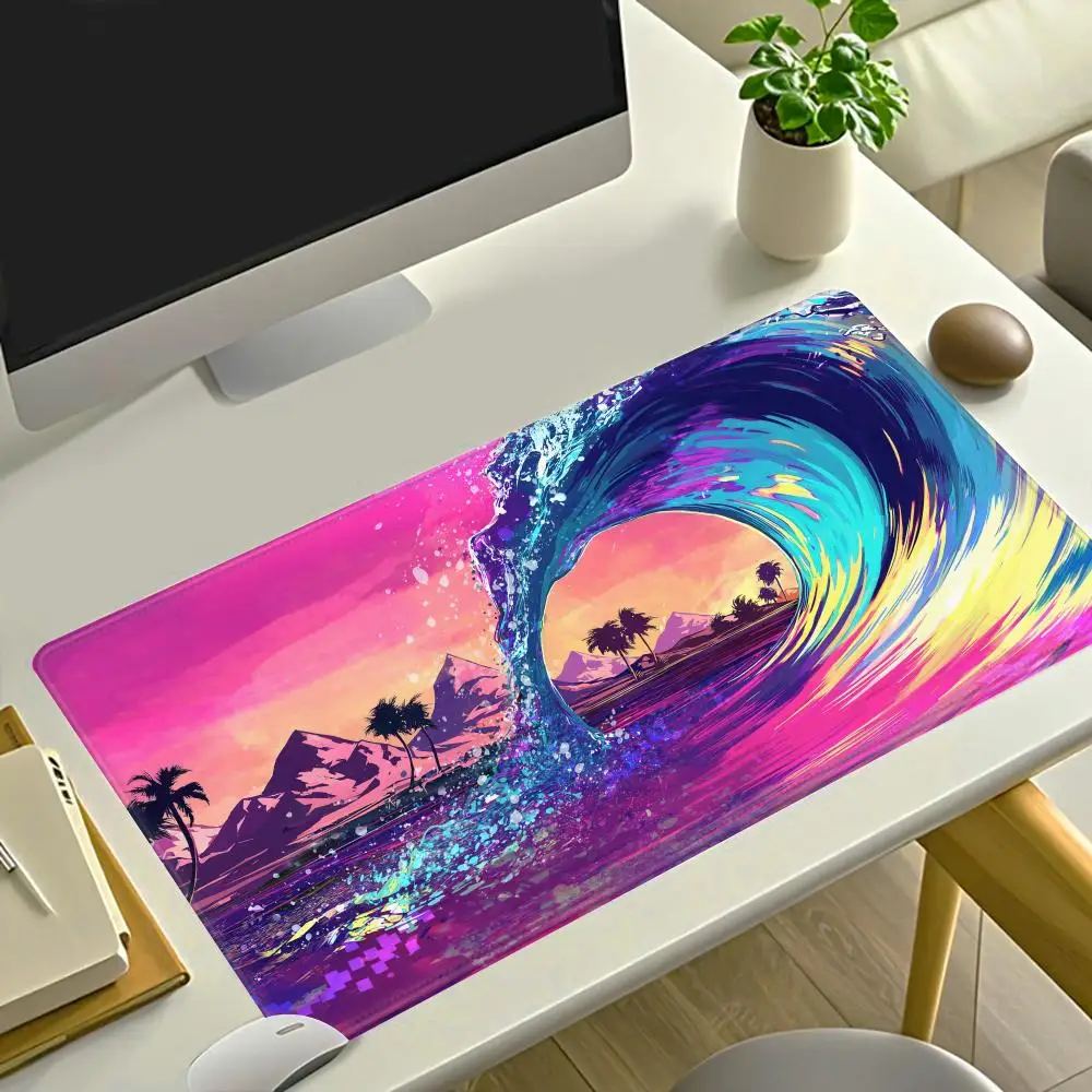 HYBXAXC Retro Vaporwave Ocean Wave Landscape Mouse Pad Desk Mouse Pad Cute HD Desk Pad Extended Gaming Keyboard Mats Large Gamer
