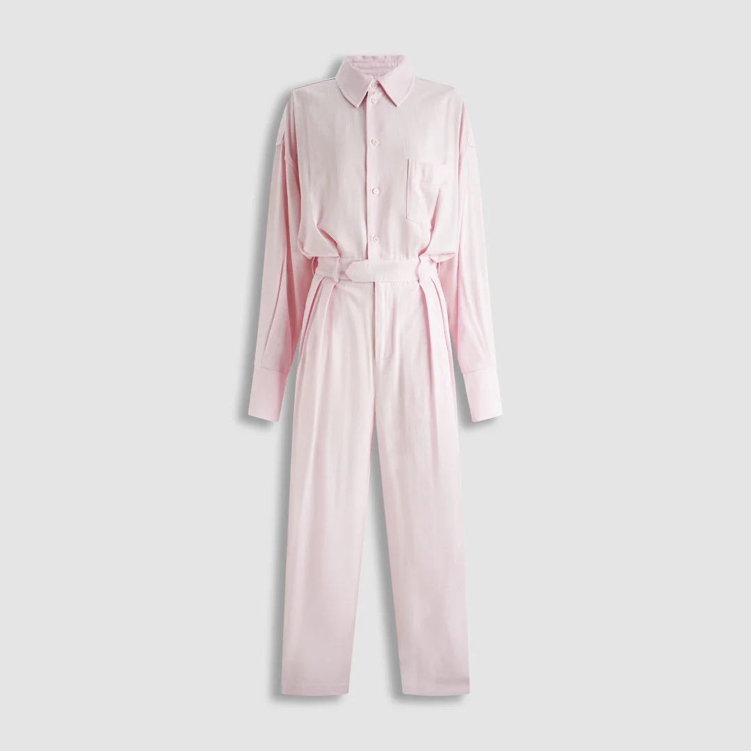 2026 Classic Linen Shirt-Jumpsuit – Long Sleeve Button-Down Romper with Belted Waist & Wide-Leg Pants in Soft Pink/Beige