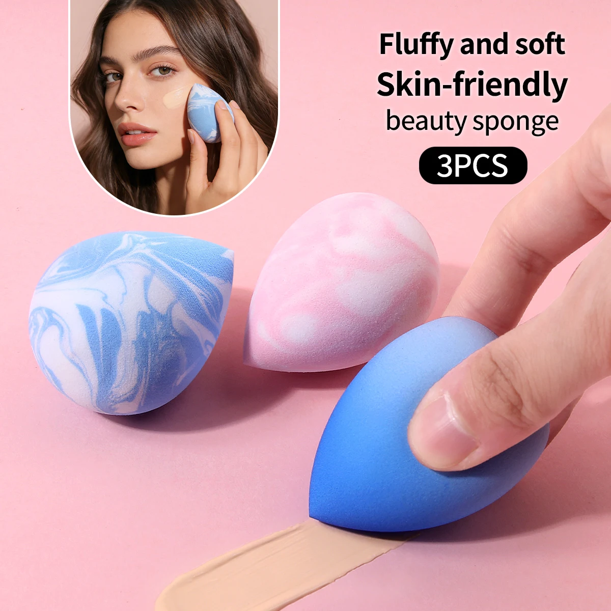 Kit com 3 Esponjas de Maquiagem em Mármore, Esponja de Beleza Macia e Amiga da Pele para Base, Puff Cosmético Profissional para Maquiagem Diária