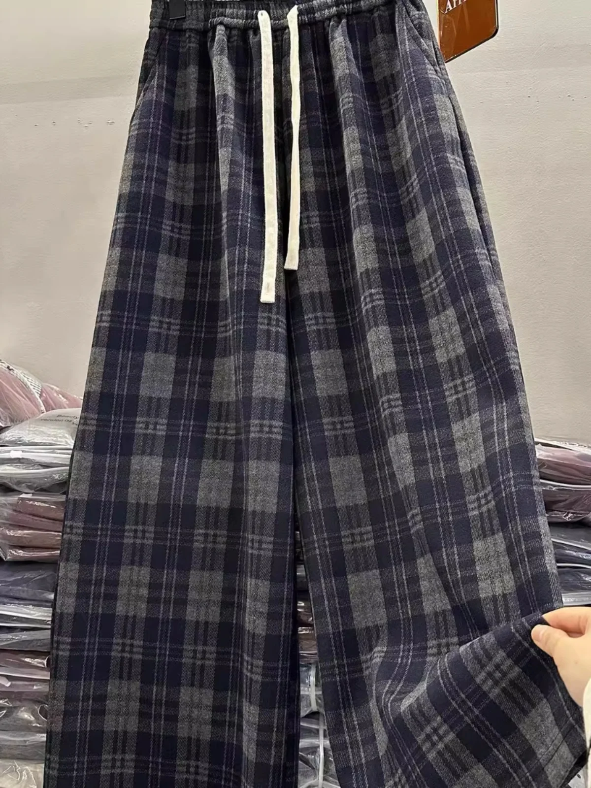 

High Waist Loose Wide Leg Pants Retro Plaid ex Spring Autumn Dstring Elastic Waist Casual Trousers Trendy Youth Sle