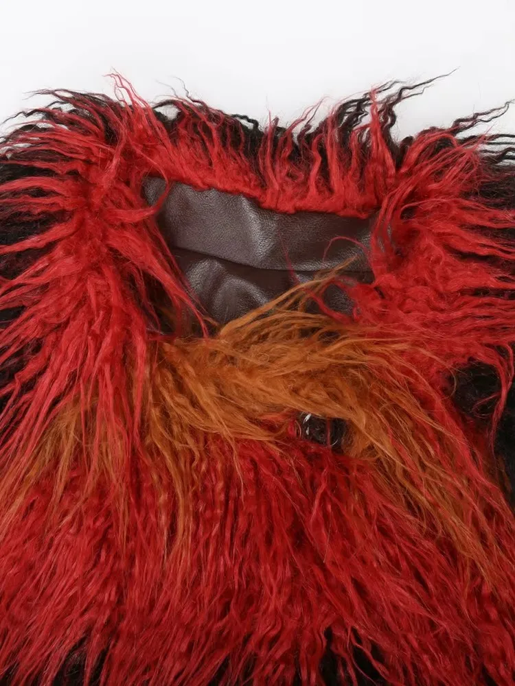 Mauroicardi Winter Long Colorful Striped Thick Warm Pu Leather Patchwork Faux Mongolian Fur Coat Women Luxury Fluffy Overcoat