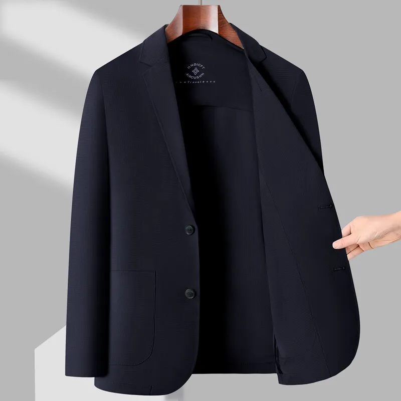 

Мужской костюм из ледяного шелка: тонкий, эластичный, из нейлона, устойчивый к складкам, модный городской стиль, деловой повседневный, с длинным рукавом, однобортный.