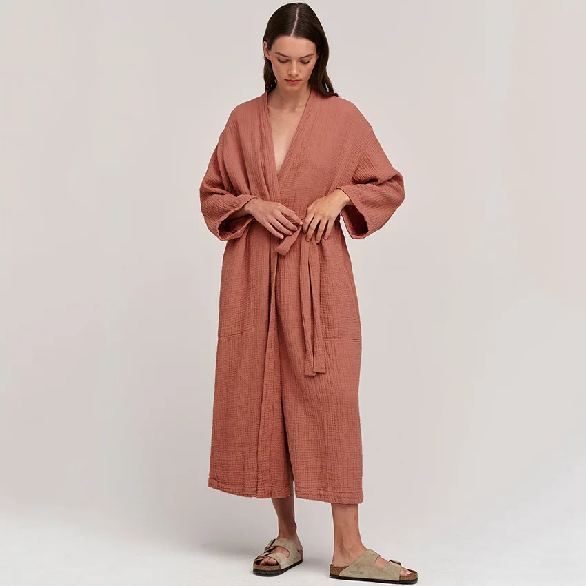 Cotton Bathrobe Female Loose Long Sleeve V Neck Sleepwear Solid Casual Robes For Women Home Dresses Autumn Clothes Sashes