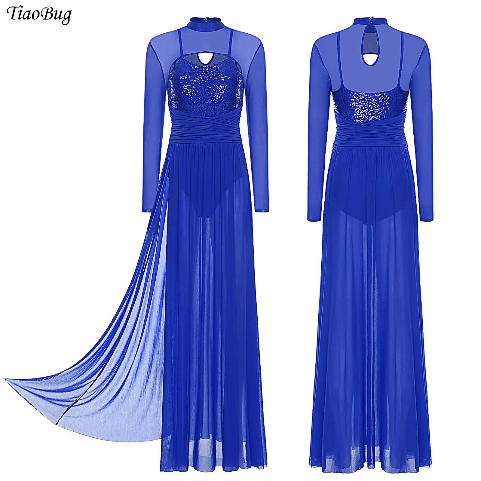 

Women Lyrical Dance Dress Sequin Long Sleeve Mesh Tulle Maxi Long Dress Ballet Gymnastics Modern Contemporary Dance Costumes