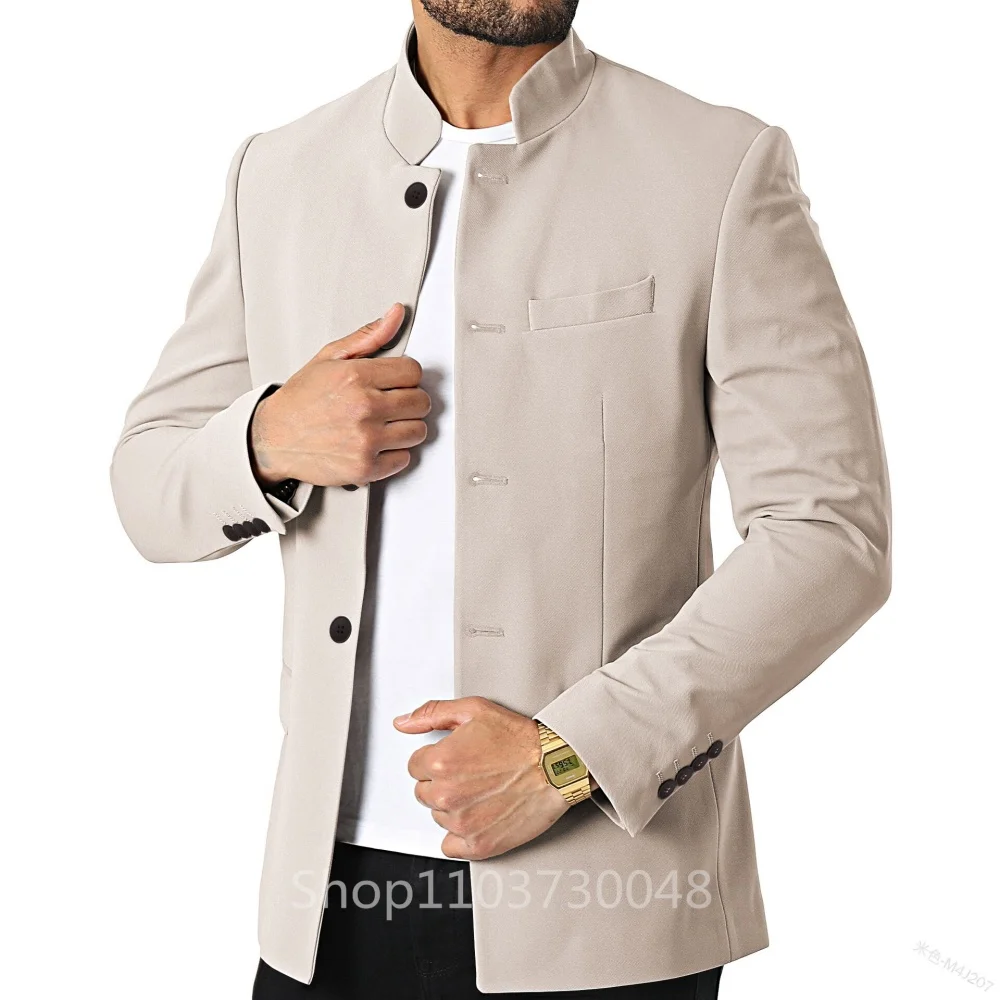 سترة رجالية عالية الجودة بلون سادة وياقة واقفة وزر واحد كاجوال بقصة ضيقة للرجال