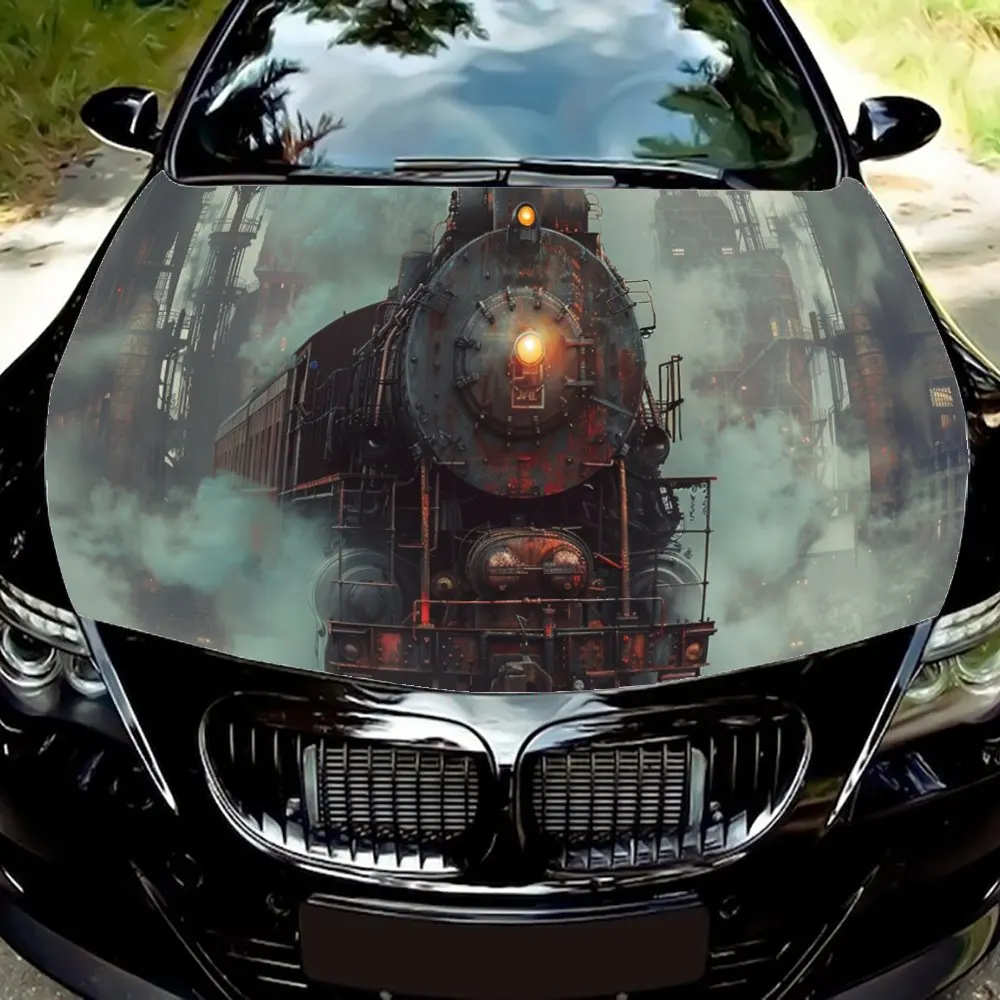 

Steam Age, Trains, Flames, Cool;Artistic; Festive; Colorful; Gift;Car Hood Decal Sticker, Motorcycle and Truck Decal, Self-adhes