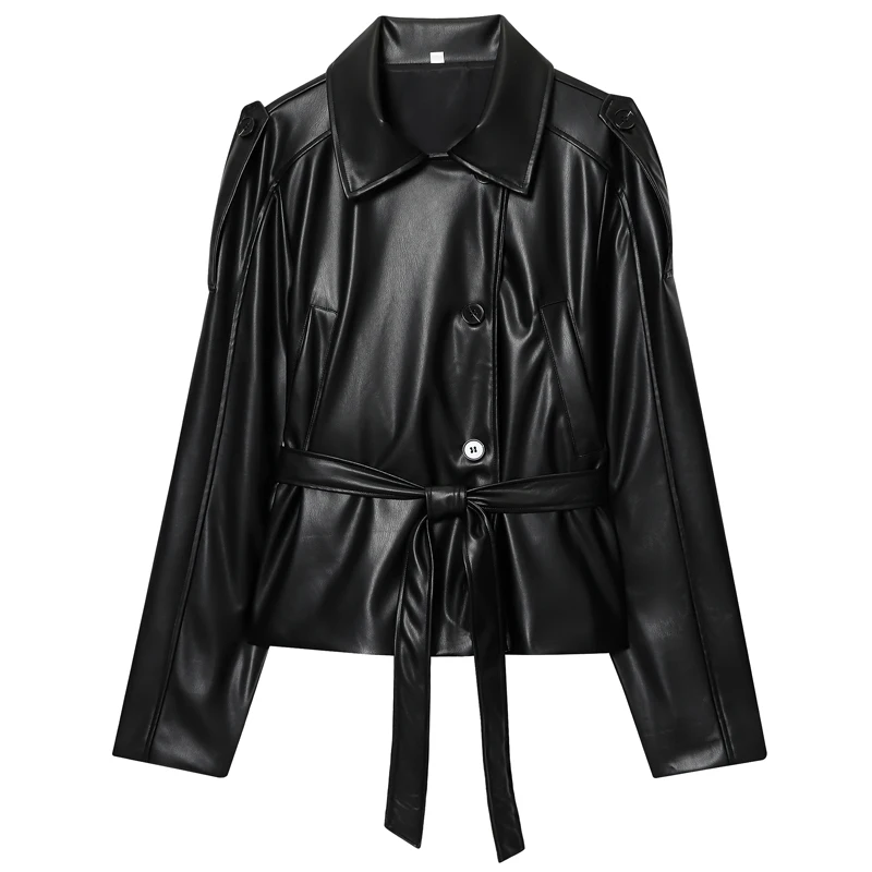 HXAO Women's Jackets Black Leather Jacket Woman Autumn Spring 2025 Chic Belt Crop Long Sleeve Coats Motorcycle Button Outerwears