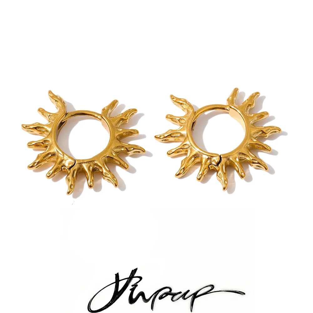 Yhpup New Stainless Steel Hammer Metal Sun Hoop Earrings for All Occasions Golden Daily Wear PVD Jewelry Accessories Waterproof