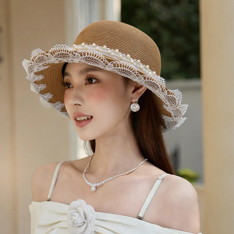 Unique Handwoven Sunscreen Veil Sunshade Beach Hat Silk and Pearl Decoration Natural 100% Raffia Straw Lace Flower Sun Hat