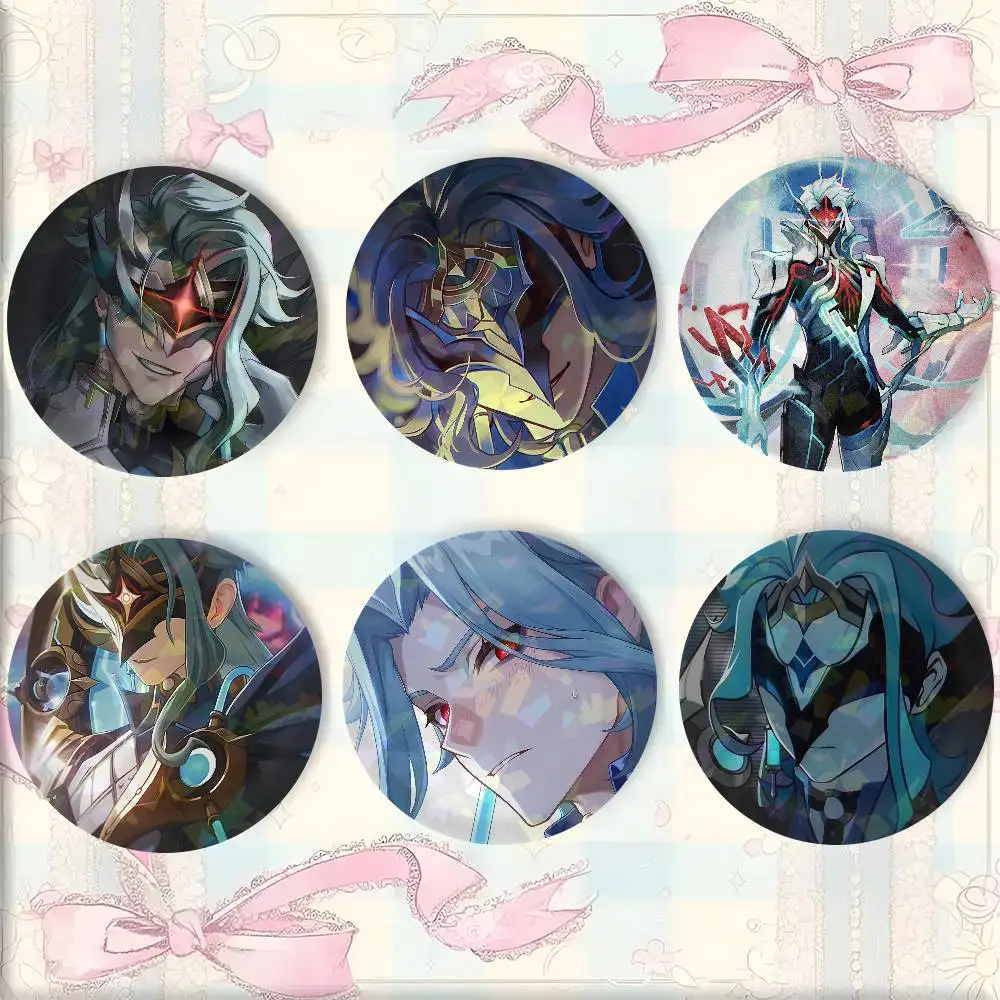 A-Genshin Impact Fatui Pierro Dottore Mixed Theme Round Button Badge Set  Music Game Fashion Pins For Bags Clothes Accessories