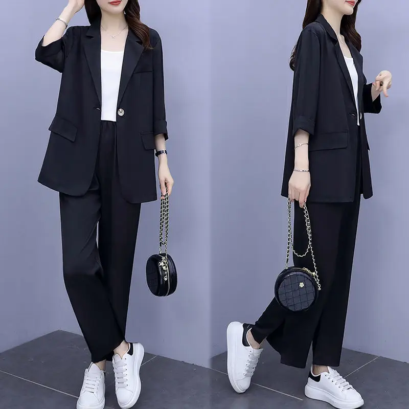 Women\'s 2024 Spring New Casual Thin Suit Jacket Matching Set Korean Elegant Loose Blazers Pants Two Piece Female Chic Clothing