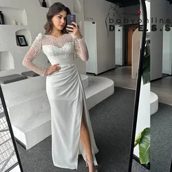 BABYONLINE Emeroidered Wedding Dress Illusion-neck with Beaded Full leeve Side Slit Maxi Skirt Flowy Train Bridal Clothes Gown