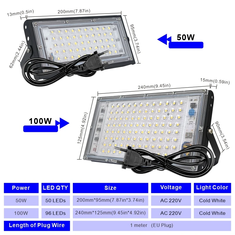 50W 100W Foco Led Flood Light with 1 Meter EU Plug 220v Outdoor Floodlights IP65 Waterproof Wall Lamp Reflector Led Street Light