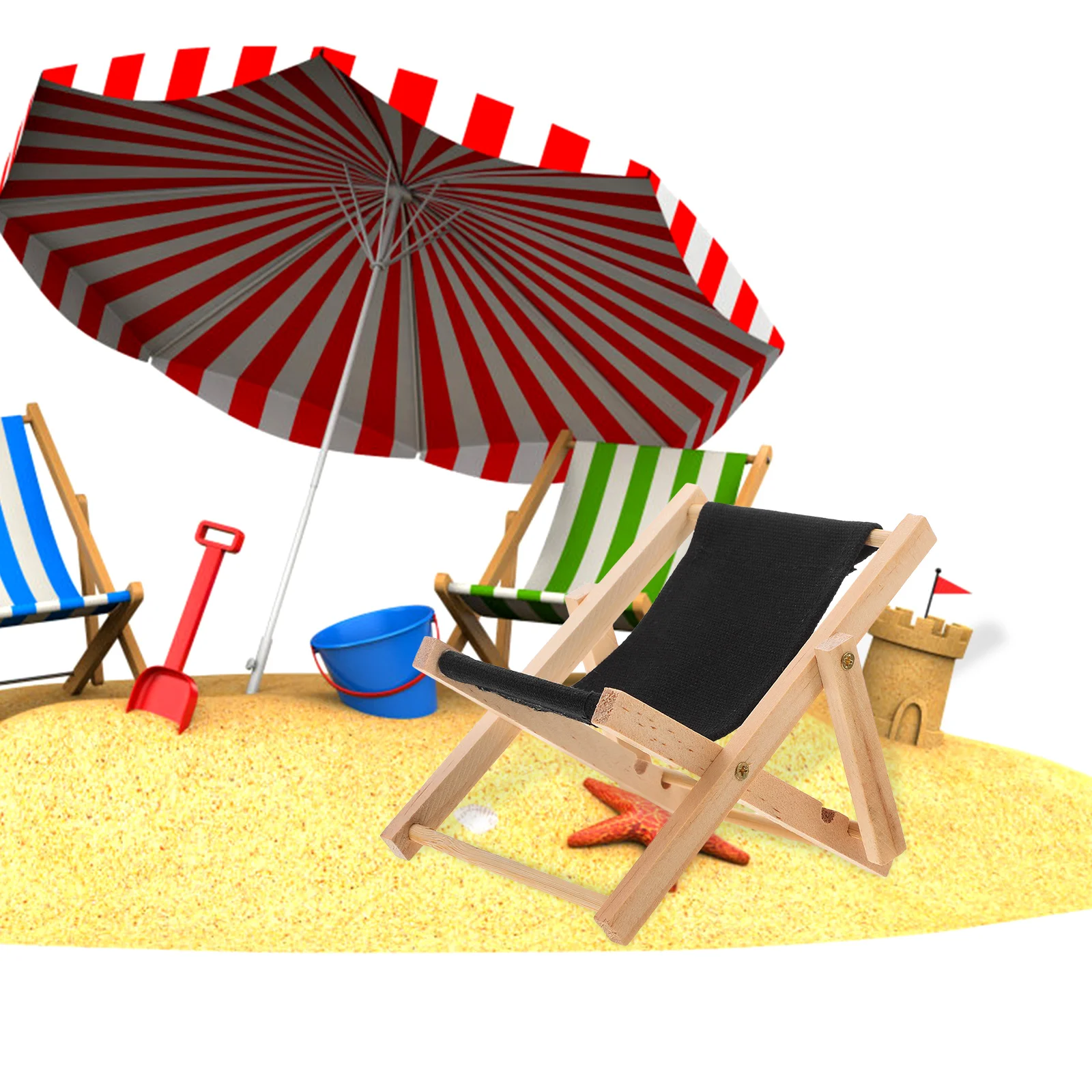 Mini chaise de plage pliable noire, meubles miniatures pour maison de poupée, accessoires de décoration, modèle d'exposition de jouets simulés en bois