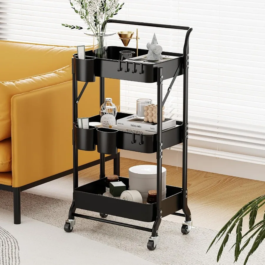 3 Tier Foldable Rolling Cart with Wheels for Kitchen Office Nursery Storage Organization Collapsible Utility Cart with 3 Hangin