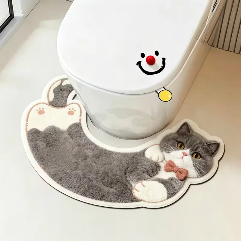 Fun Cartoon Cute Cat U‑Shaped Toilet Bath Mats Irregular Soft Plush Bathroom Floor Mat Washable Easy Clean Rug Home Decor