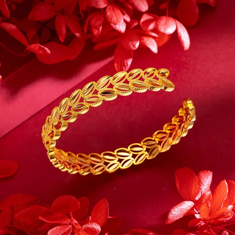 9999 Real Gold 24K Hollow Women's Double Layer Love Leaf Bracelet