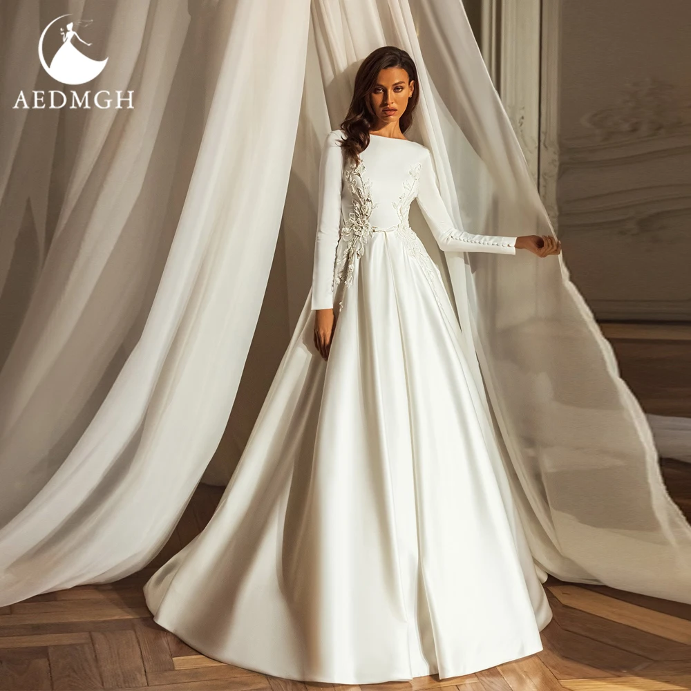 Aedmgh A-Lijn Mat Satijn Trouwjurken 2024 O-hals Lange Mouw Robe De Mariee Elegante Kralen Appliques Chique Vestido De Novia