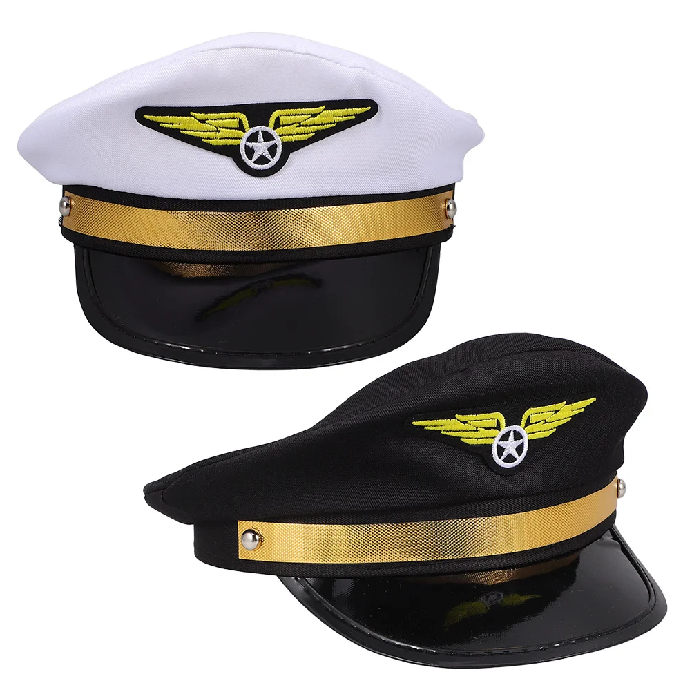 

2Pcs Flight Captain Hat Adjustable Black White Pilot Cap for Masquerade Parties Stage Performances Pirate Themes