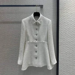 2024 New Fashion Luxury Sequins White Skirt Long Tweed Jacket Women Patchwork Lace Lapel Long Sleeve Single Breasted Sweet Coat