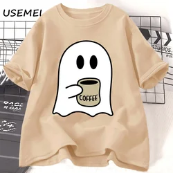 Cute Spooky Coffee Tshirt Womens Ghost Spooky Season Fall Coffee Lover T-Shirt Halloween Party Fall Graphic T Shirts Clothing