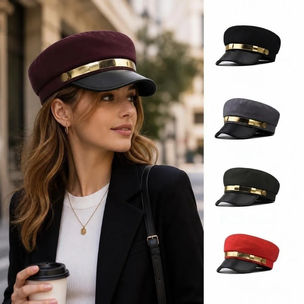 Vintage PU Leather Captain Hat Cotton Gold Band Sailor Cap Flat Top Streetwear Flat Top Beret For Men Women